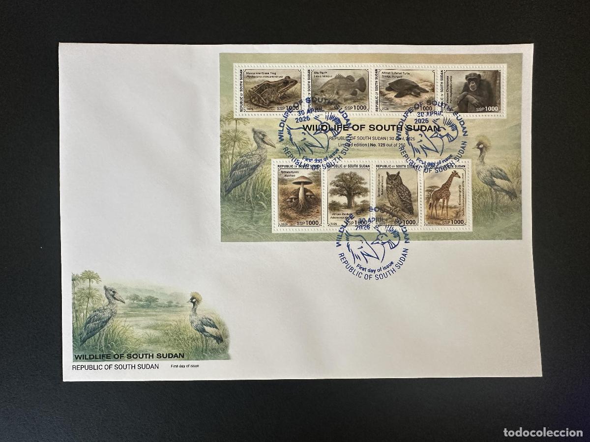 Sellos: Sud&aacute;n del Sur 2026 bloque FDC Fauna salvaje jirafa b&uacute;ho tortuga chimpanc&eacute;