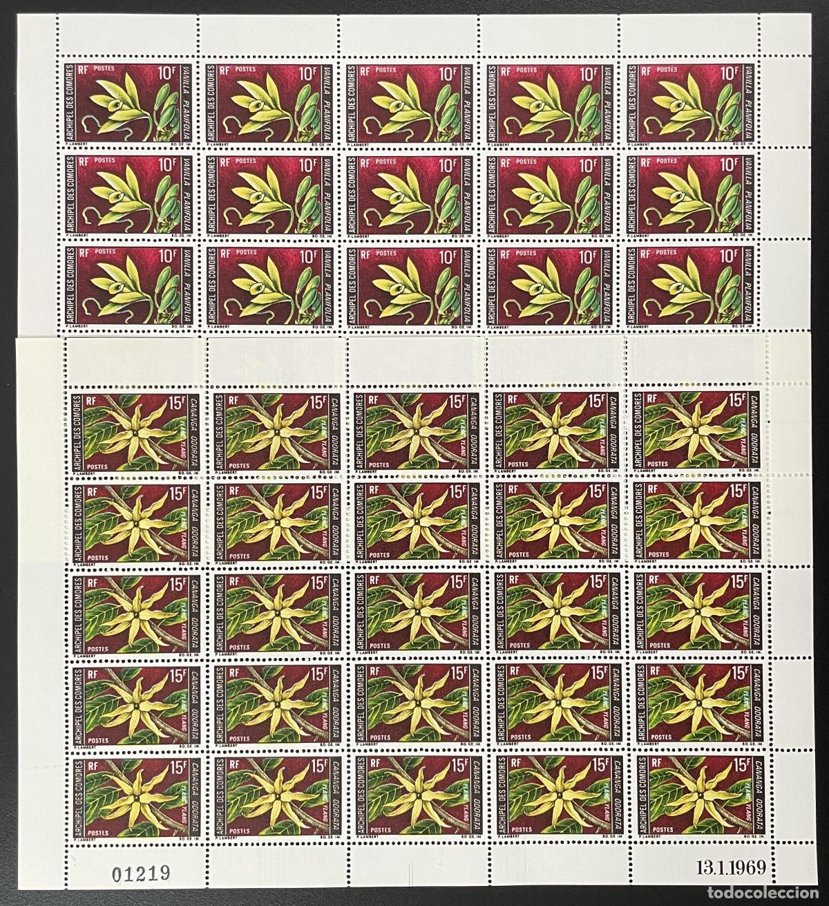Sellos: Comoras 1969 YT 53-54 tabl&oacute;n flores tropicales vainilla ylang-ylang