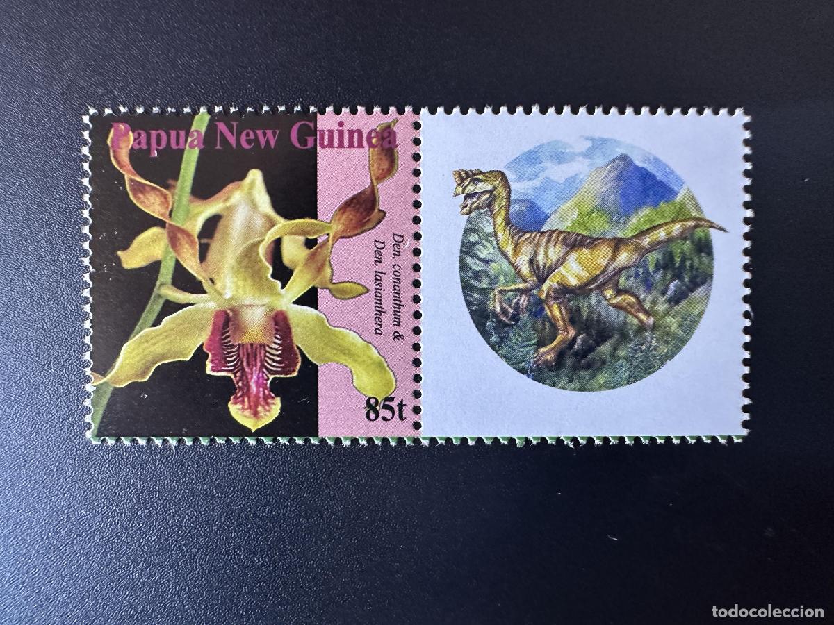 Sellos: Sello personalizado de Pap&uacute;a Nueva Guinea PNG 2007 Mi. 1244 con dinosaurios orqu&iacute;deas y flores