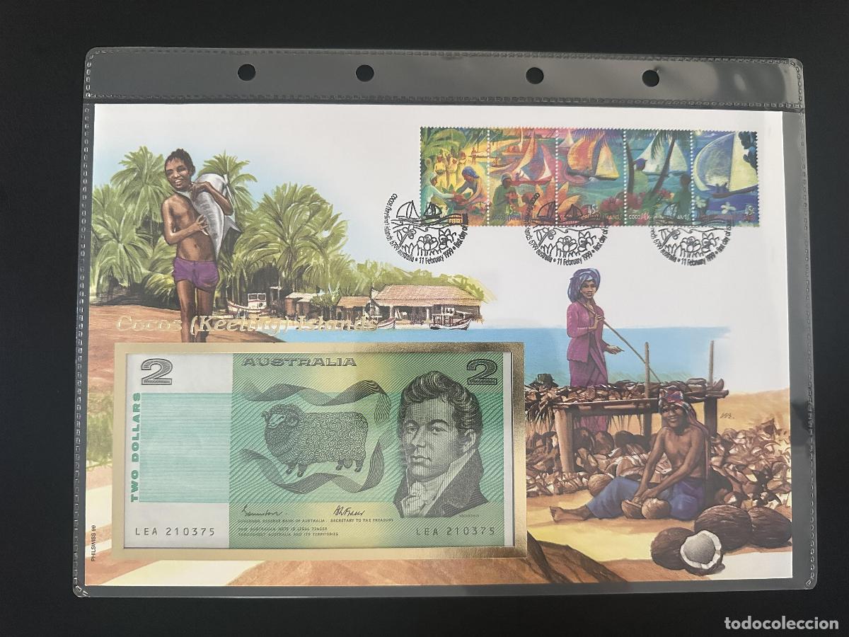 Sellos: Islas Cocos Keeling 1999 FDC numism&aacute;tico billete 2 d&oacute;lares