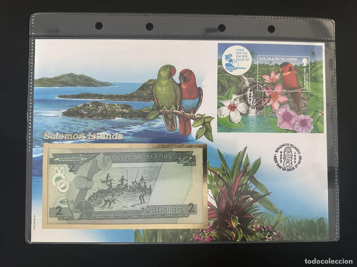 Sellos: Islas Salom&oacute;n 1995 FDC Philswiss bloc loros billete 2 d&oacute;lares