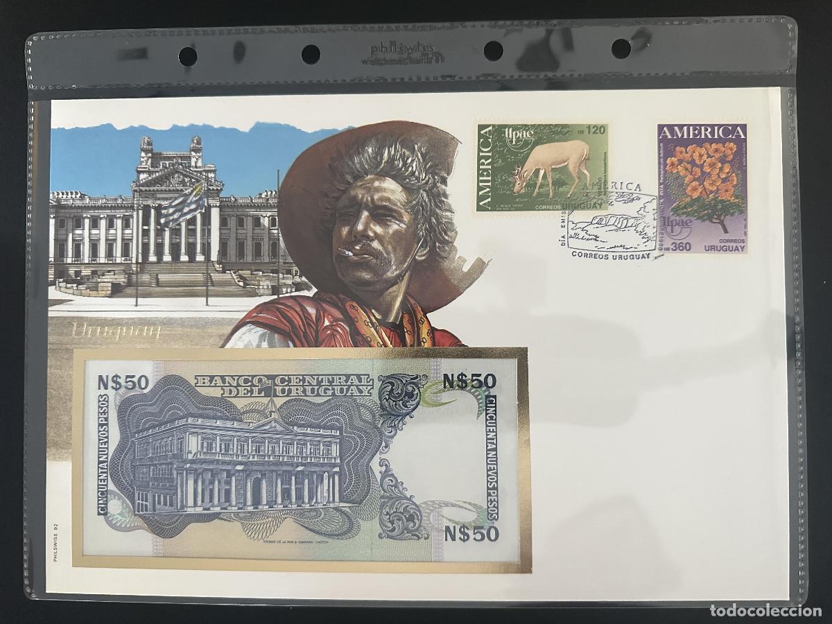 Sellos: Uruguay sobre numism&aacute;tico Philswiss billete 50 Pesos UPAEP