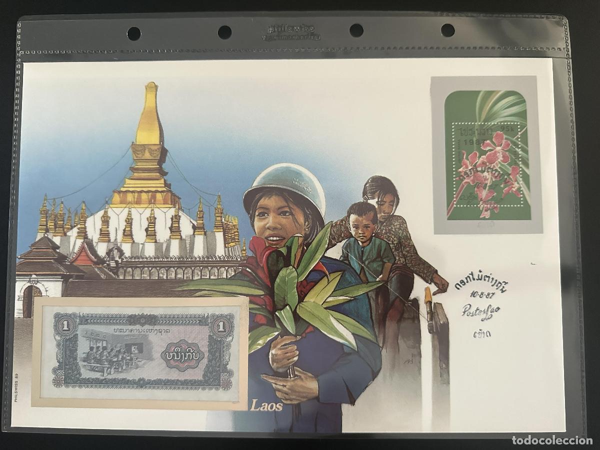 Sellos: Laos 1987 sobre numism&aacute;tico Philswiss billete 1 kip sello orqu&iacute;dea