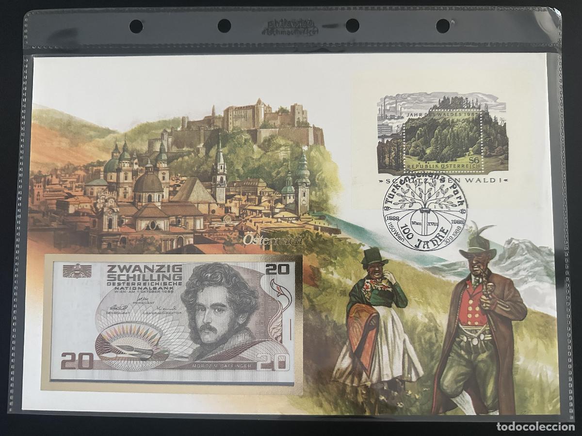 Sellos: Austria sobre numism&aacute;tico 20 Schilling sello Jahr des Waldes 1985