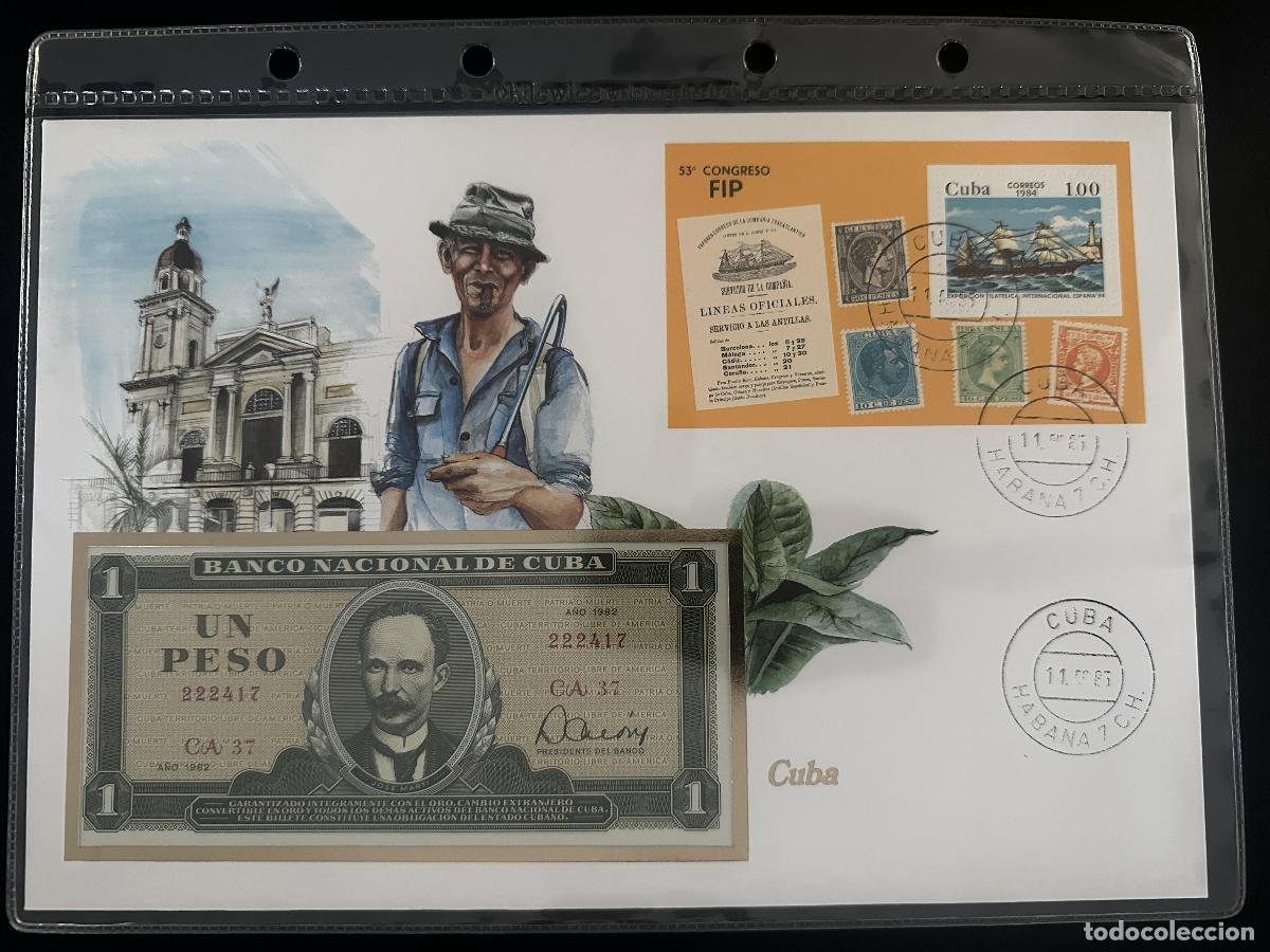 Sellos: Cuba sobre numism&aacute;tico FIP 1984 billete 1 peso 1982 sellos
