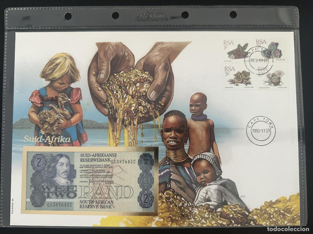 Sellos: Sud&aacute;frica RSA sobre numism&aacute;tico billete 2 Rand Ciudad del Cabo 1993