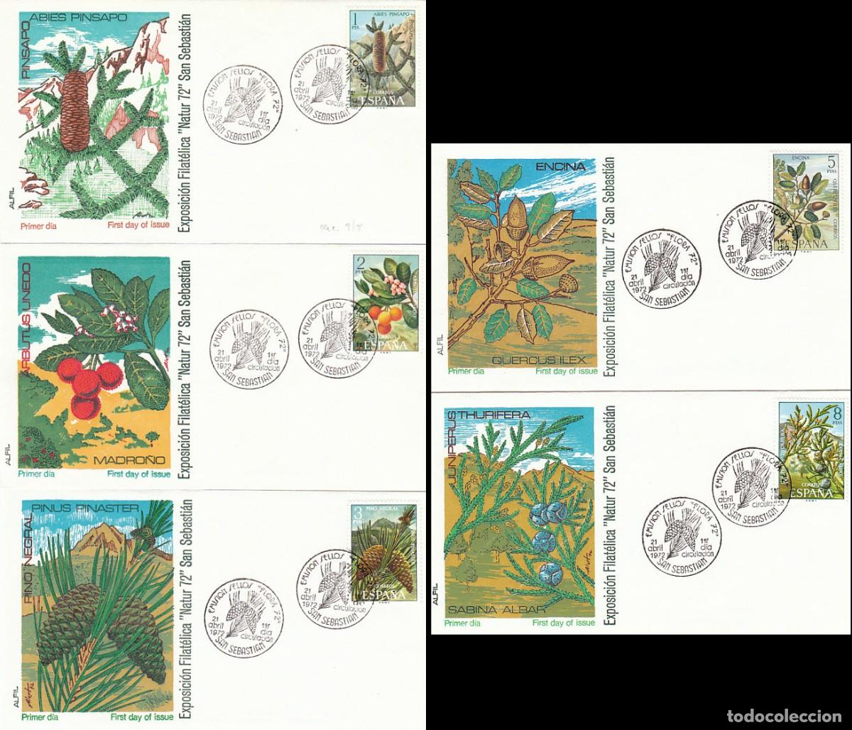 Sellos: EDIFIL 2085/9, FLORA 1972, PRIMER D&Iacute;A ESPECIAL DE SAN SEBASTIAN DE 21-4-1972 EN 5 SOBRES DE ALFIL