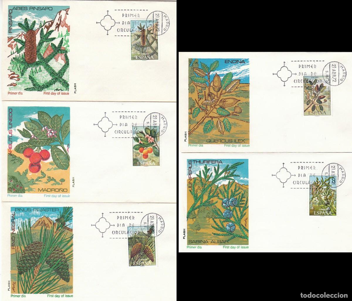 Sellos: EDIFIL 2085/9, FLORA 1972, PRIMER D&Iacute;A DE 21-4-1972 EN 5 SOBRES DE ALFIL