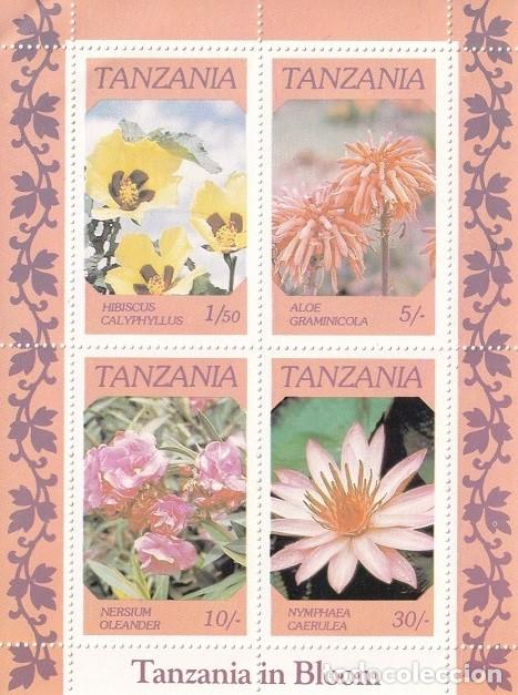 Sellos: HB Tanzania 1986 - Flores / Hibisco lim&oacute;n - Aloe naranja ladrillo - Adelfa - Nen&uacute;far azul / Tan...