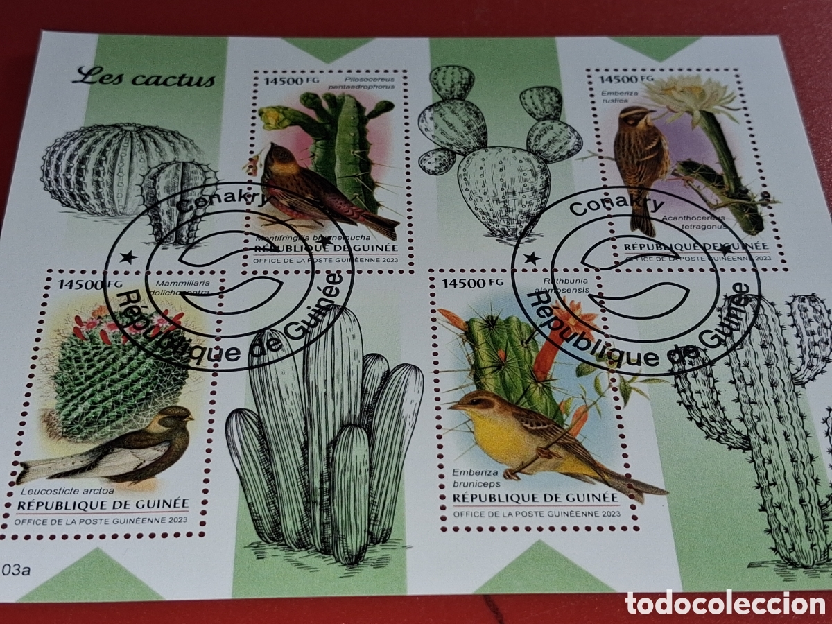 Sellos: HB R. Guinea mtdo 2023. Cactus. Plantas. Naturaleza. Flora. Desierto. Flores. Aves. P&aacute;jaros. Fauna