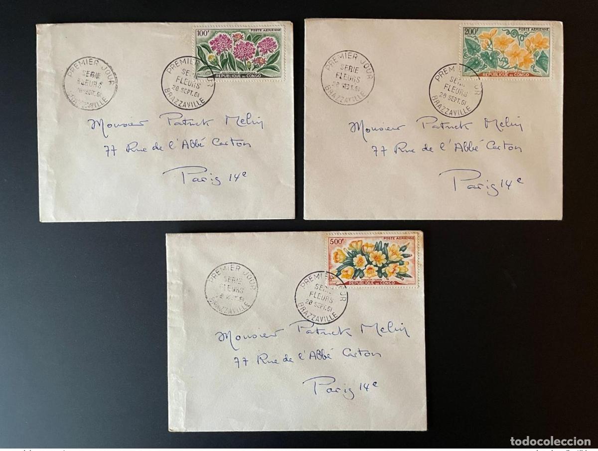 Sellos: Congo 1961 Mi. 9 - 11 viajaron FDC Primer d&iacute;a Fleurs Flowers Airmail