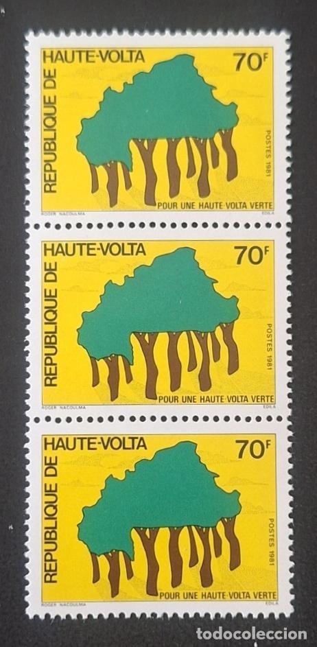 Sellos: Alto Volta 1981 Mi. 834 tira de 3 mapa verde &aacute;rboles reforestaci&oacute;n