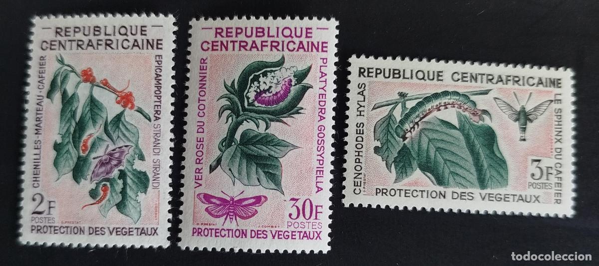 Sellos: Centro&aacute;frica 1963 Mi. 88-90 protecci&oacute;n vegetal orugas mariposas