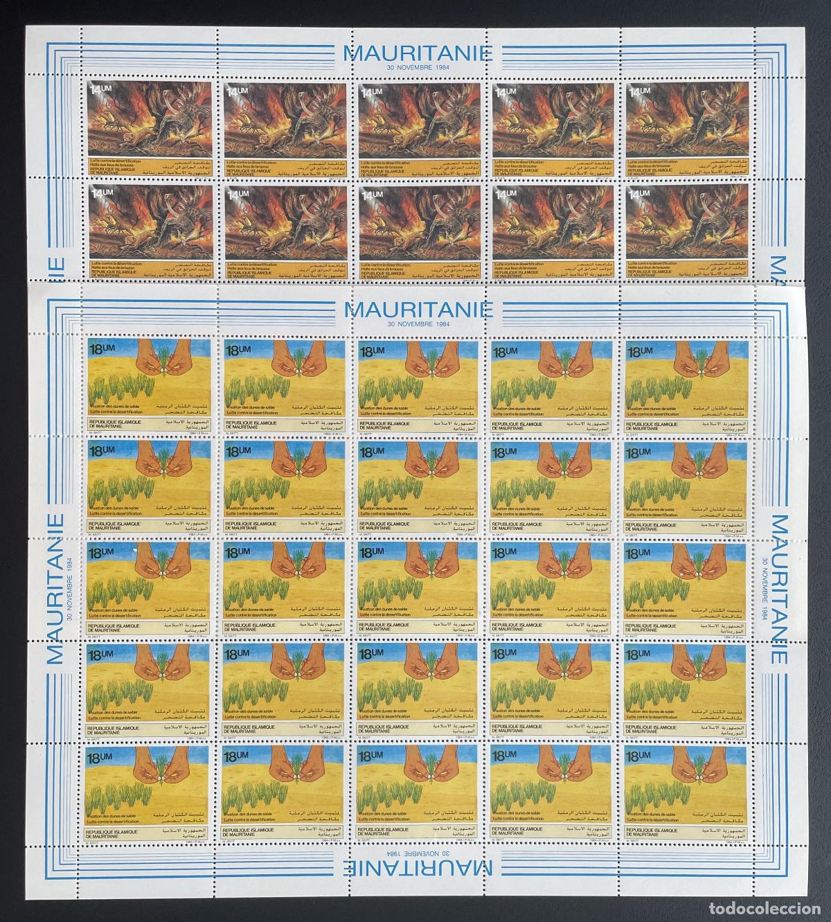 Sellos: Mauritania 1985 YT 559-560 lucha desertificaci&oacute;n dunas arena fuego fauna