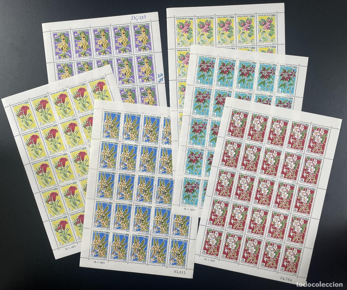 Sellos: Congo 1971 YT 283-288 tabl&oacute;n flores tropicales flora bot&aacute;nica naturaleza