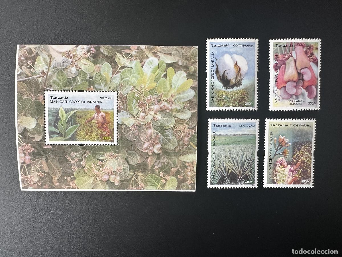 Sellos: Tanzania 2003 Mi. 4093 - 4096 Bl. 544 cultivos plantas t&eacute; algod&oacute;n sisal nueces