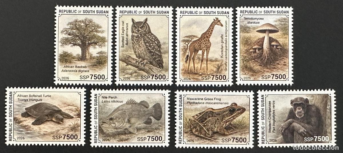 Sellos: Sud&aacute;n del Sur 2026 Fauna baobab b&uacute;ho jirafa hongo tortuga rana