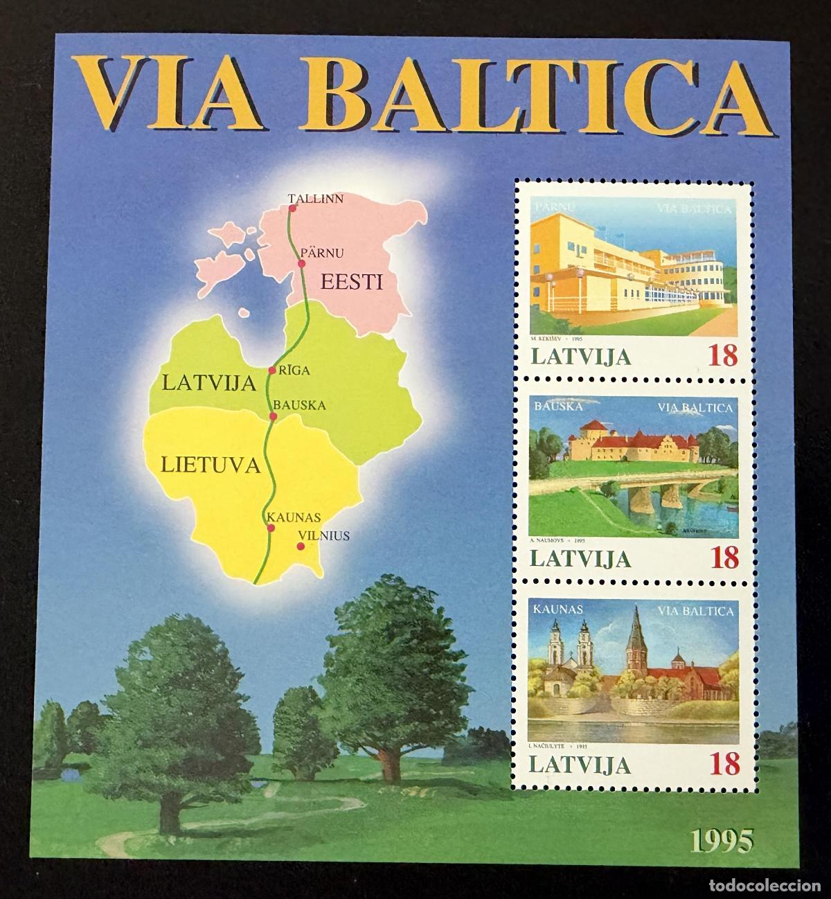 Sellos: Letonia 1995 Mi. Bl. 5 emisi&oacute;n conjunta Via Baltica pa&iacute;ses b&aacute;lticos