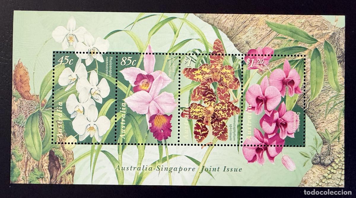 Sellos: Australia 1998 Mi. Bl. 27 emisi&oacute;n conjunta Singapur orqu&iacute;deas flora