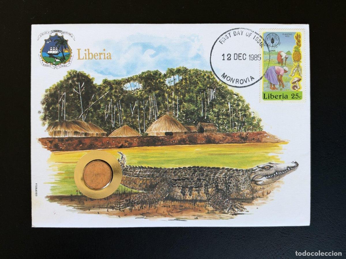Sellos: Liberia sobre numism&aacute;tico FDC 1985 Monrovia FAO 25c cocodrilo