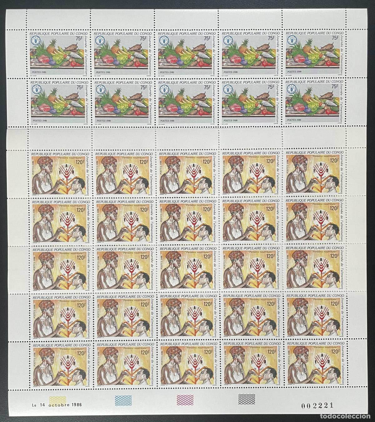 Sellos: Congo 1986 Yt 787-788 tabl&oacute;n d&iacute;a de mesa alimentaci&oacute;n nutrici&oacute;n pescado fruta FAO
