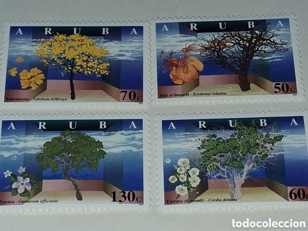Sellos: Sello Aruba nuevo 1997. &Aacute;rboles. Naturaleza. Flora. Wavaca. Palo Booschi. Kibrahacha. Flores. Planta