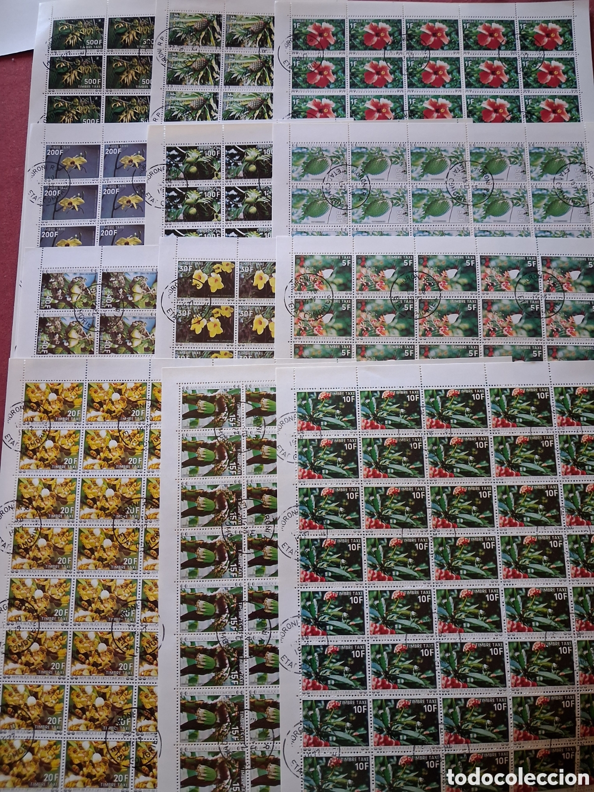 Sellos: Sello, Pliego, taxas Comoras mtdo 1977. Flores. Flora. Frutas. Naturaleza. &Aacute;rbol. Pl&aacute;tano. Pi&ntilde;a.