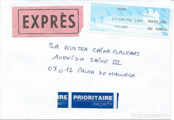 Sellos: 1996. FRANCIA/FRANCE. SOBRE CIRCULADO EXPRES. SELLO VALOR VARIABLE AVES/BIRDS. FAUNA. SOL/SUN.