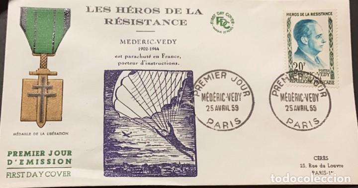 P) 1959 FRANCE, FDC, LIBERATION MEDAL, HEROES OF THE RESISTANCE OF MÉDÉRIC VEDY STAMP, XF (Sellos - Extranjero - Europa - Francia)