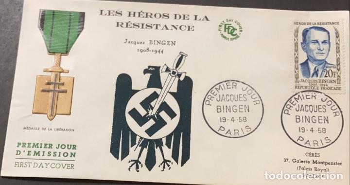 Sellos: P) 1958 FRANCE, FDC, LIBERATION MEDAL, HEROES OF THE RESISTANCE OF JACQUES BINGEN STAMP, XF - Foto 1 - 304136298