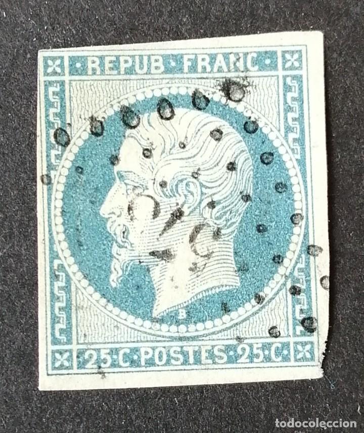Stamps: FRANCIA.1853 YVERT N&ordm; 15 MATASELLADO ROMBO CIFRAS PEQUE&Ntilde;AS.25 CTS AZUL. TIPO NAPOLE&Oacute;N.