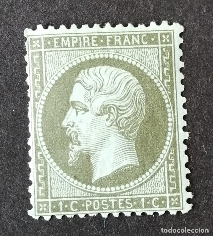 Stamps: FRANCIA.1862 YVERT N&ordm; 19 NUEVO CON SE&Ntilde;AL DE CHARNELA. 1 CTS VERDE OLIVA. TIPO NAPOLE&Oacute;N.