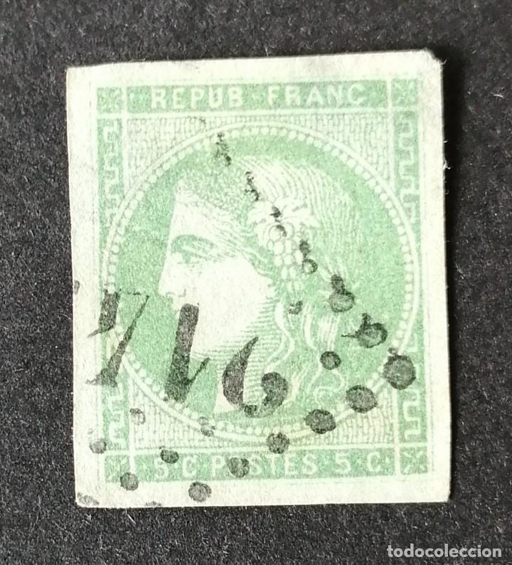 Sellos: FRANCIA.1870 YVERT N&ordm; 42B. MATASELLO ROMBO CIFRAS GRUESAS. 5 CTS VERDE AMARI . TIPO CERES.