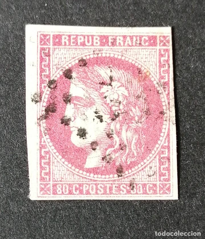 Sellos: FRANCIA.1870 YVERT N&ordm; 49. MATASELLO ROMBO CIFRAS GRUESAS. 80 CTS ROSA . TIPO CERES.
