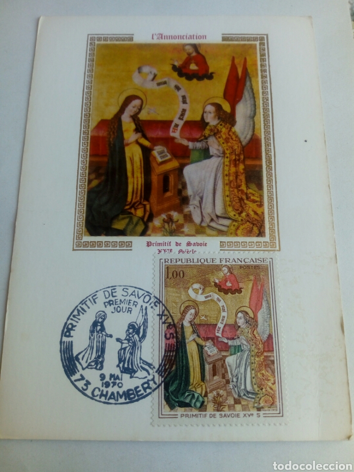 Sellos: Tarjeta postal primer d&iacute;a de circulaci&oacute;n PRIMITIFDE SAVOIE 1970. CHAMBERY ANNONTIATION ( jacquard ?