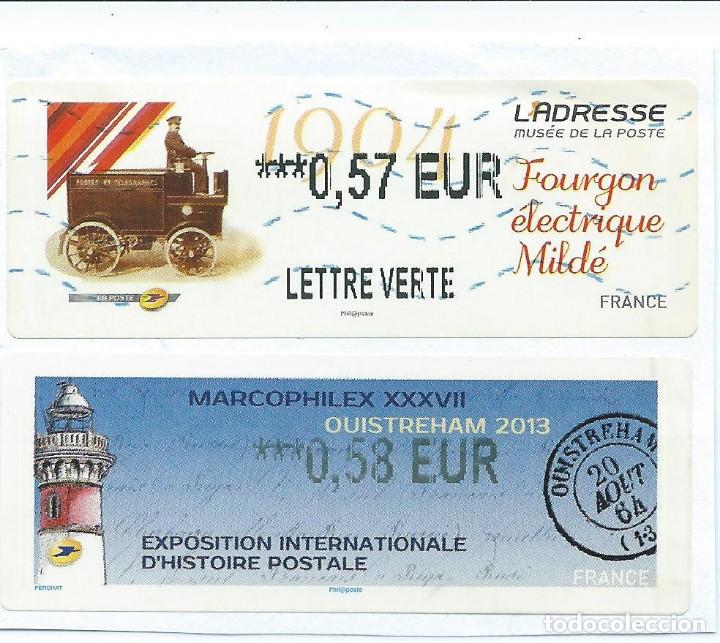 Briefmarken: FRANCIA/FRANCE. 2 ETIQUETAS DE FRANQUEO USADAS. FURG&Oacute;N POSTAL - EXP. INTERNAC. HISTORIA POSTAL 2013.