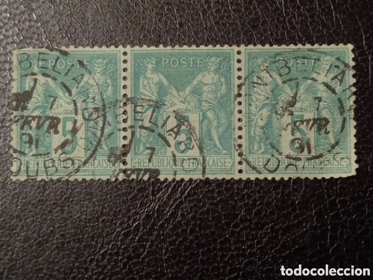 Francobolli: Fila de 3 FRANCIA 1876-77 5c Verde