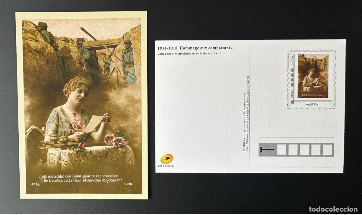 Sellos: Tarjeta postal completa de Francia 2018 en homenaje a los combatientes la Guerra Mundial 1914-18