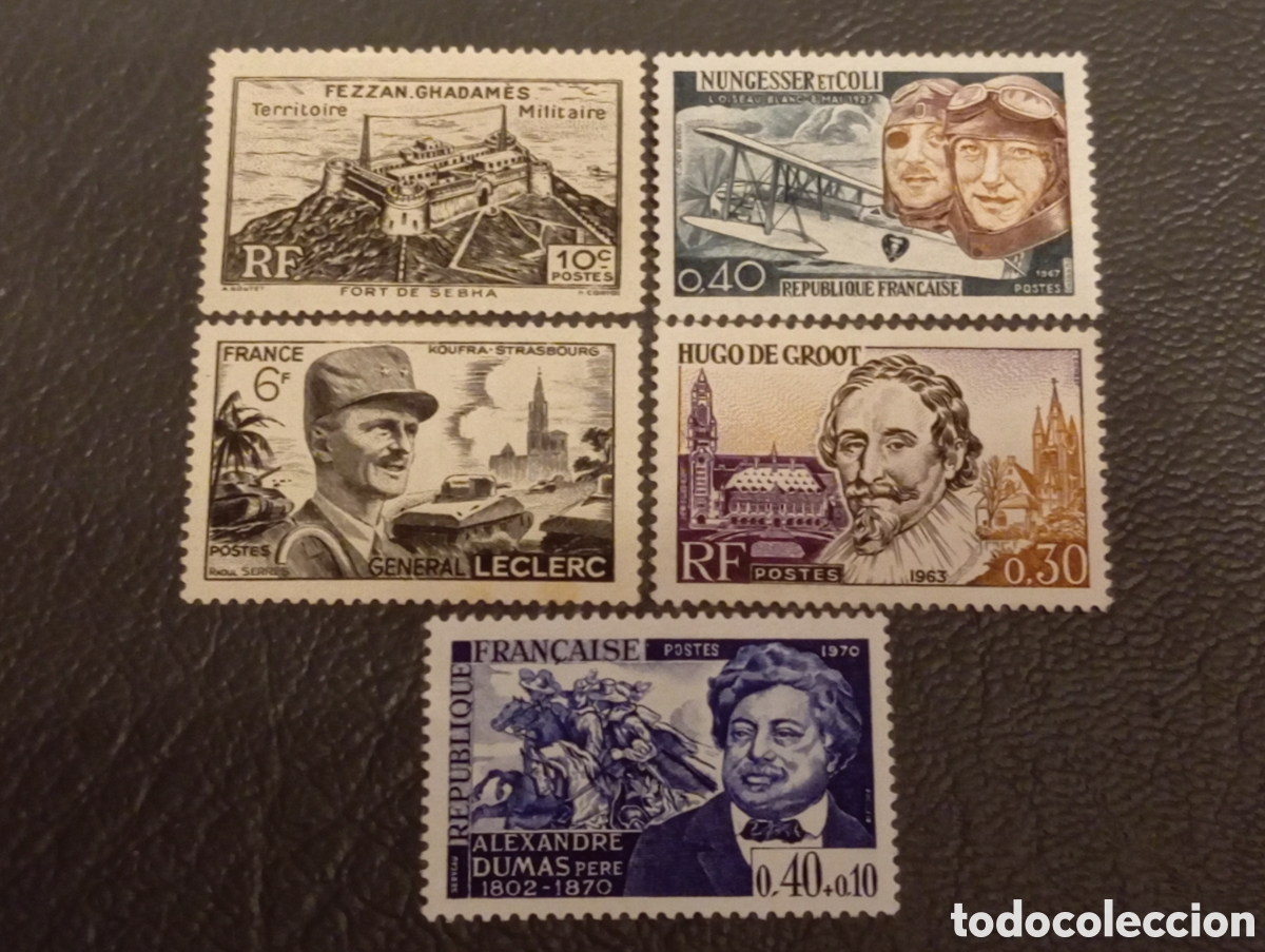 Sellos: Lote 5 Sellos Francia (1946-1970) MNH - MH Historia, Aviaci&oacute;n y Literatura