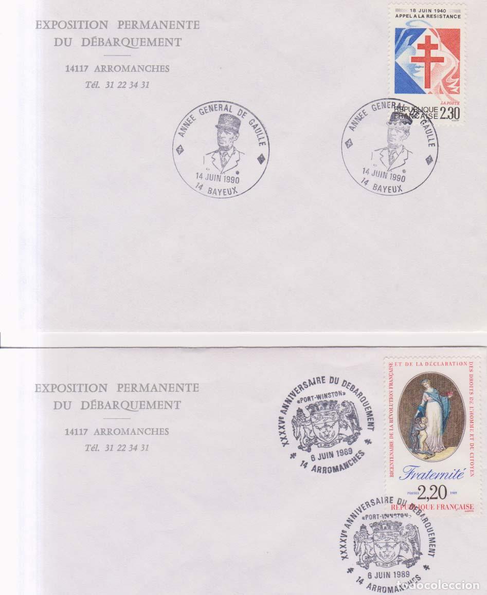 Sellos: Francia 1989-1990 Exposition Permenente du Debarquement Arromanches 2 sobres SPD FDC (E11300)
