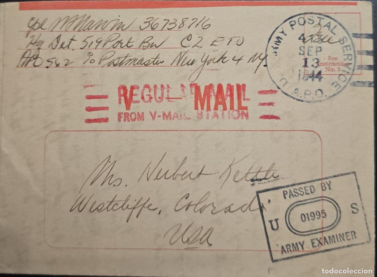 Sellos: O) 1944 FRANCE , ARMY POSTAL SERVICE, ARMY EXAMINER, APO562 FRANCE, INCLUDES CORRESPONDENCE, CIRCUL