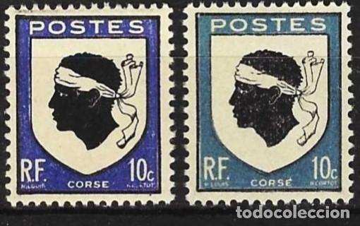 Sellos: Francia 1946 - Mi 752a y 752b - YT 755 y 755a - Escudo de armas de Corsica - MNH**