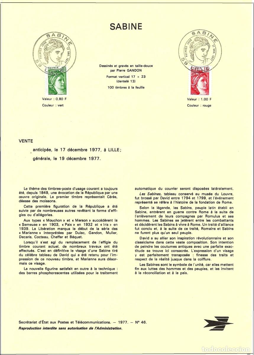 Sellos: Francia 1977 - Documento filat&eacute;lico de Correos : Sabine de Gandon ( YT 1970 y 1972 )