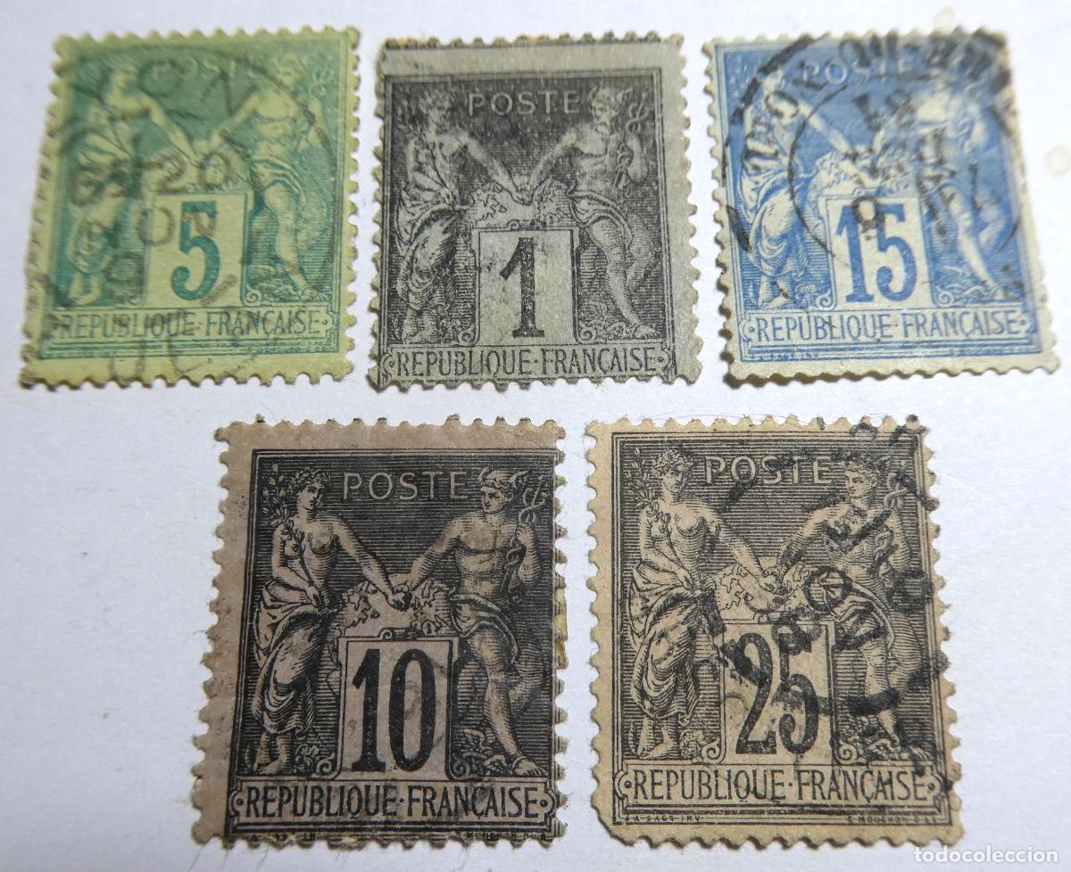 Sellos: 5 sellos postales de la Rep&uacute;blica Francesa ,diferentes valores 1876/1900 ,&rdquo;Paz y Comercio&rdquo; tipo Sage
