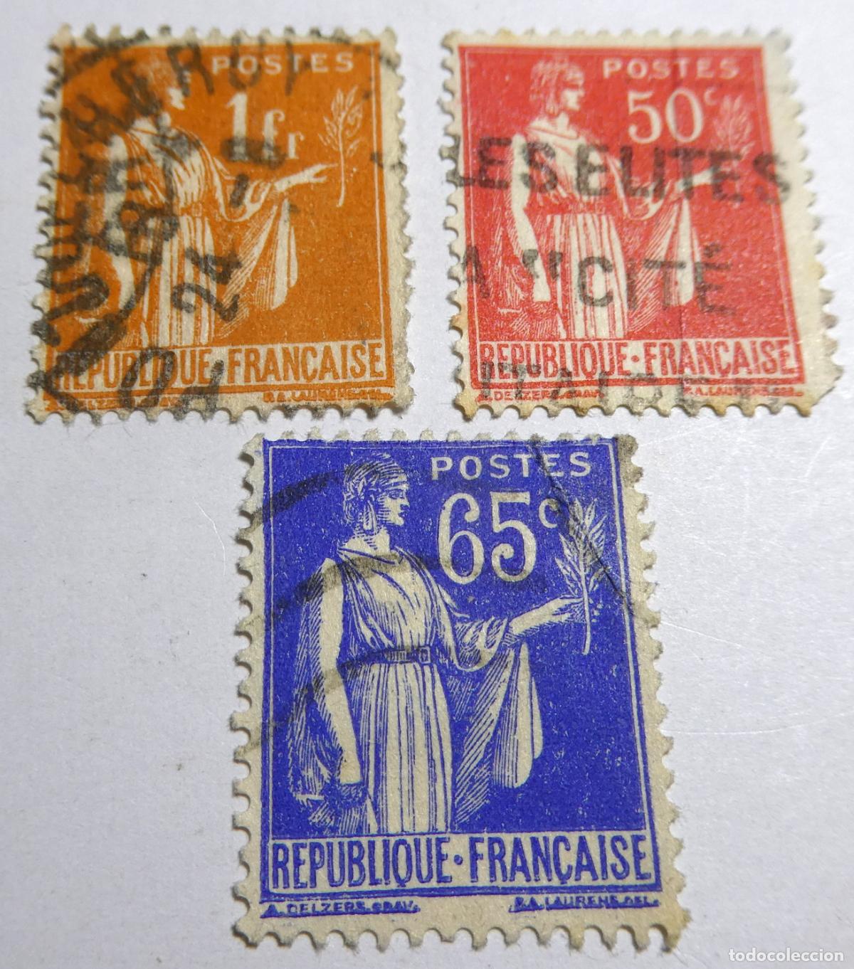 Sellos: 3 sellos postales de la Rep&uacute;blica Francesa ,diferentes valores 1932-39 Tipo Paz
