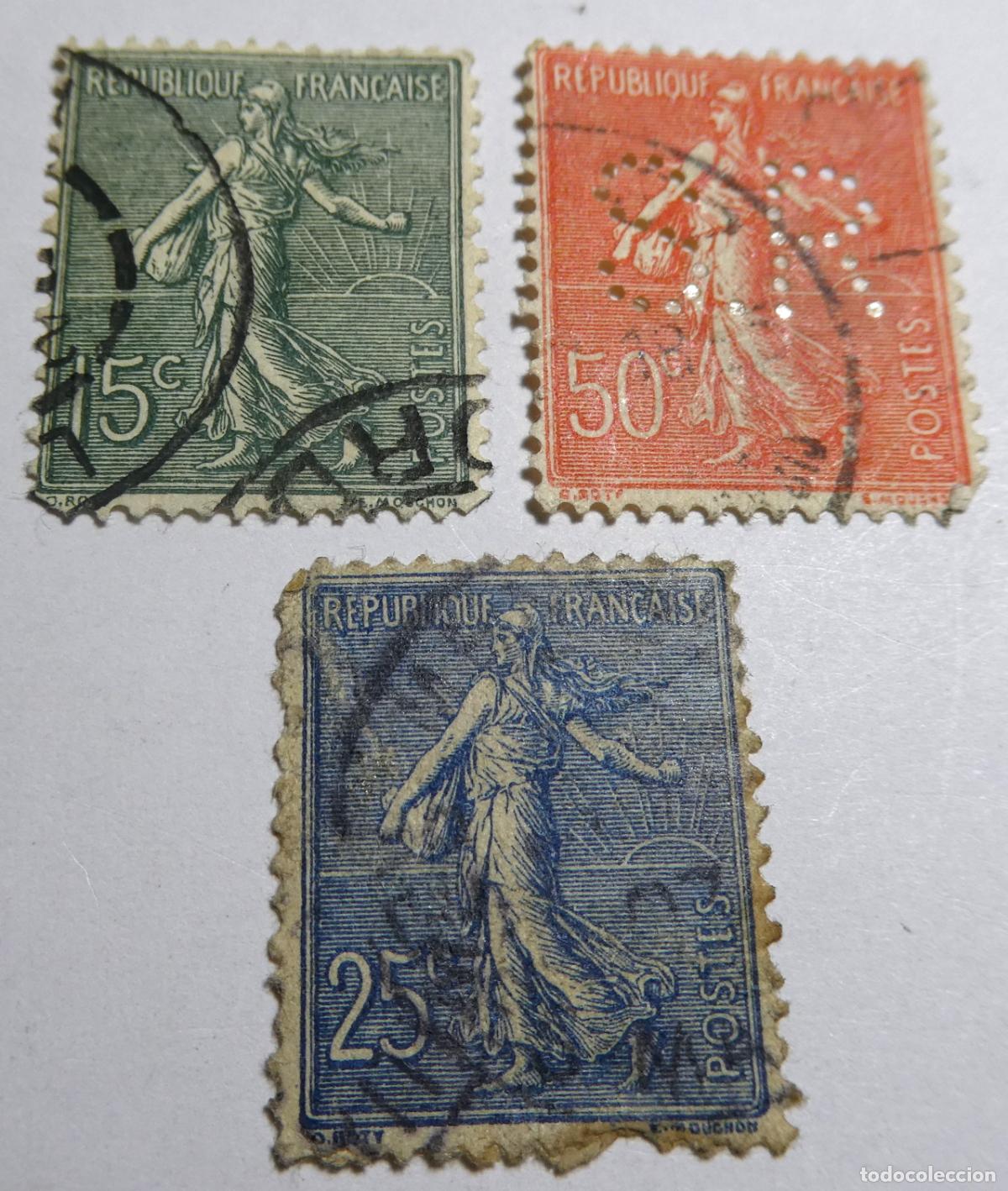 Sellos: 3 sellos postales de la Rep&uacute;blica Francesa ,diferentes valores 1903 Sembradora con fondo rayado