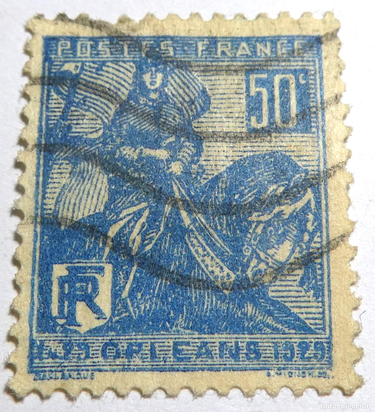 Sellos: sello postal de la Rep&uacute;blica Francesa ,50 c&eacute;ntimos azul 1929 centenario de la liberaci&oacute;n de Orleans