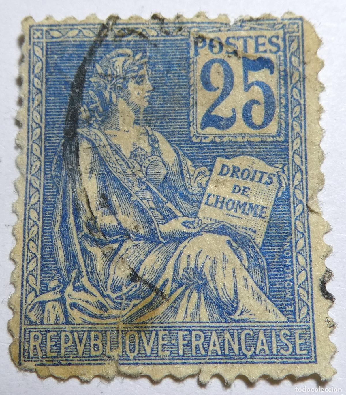 Sellos: sello postal de la Rep&uacute;blica Francesa , 25 c&eacute;ntimos del a&ntilde;o 1900, tipo Mouchon.