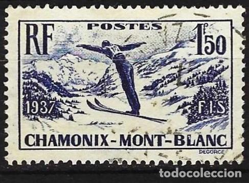 Sellos: Francia 1937 - Mi 340 - YT 334 - Campeonato Mundial de Esqu&iacute; en Chamonix