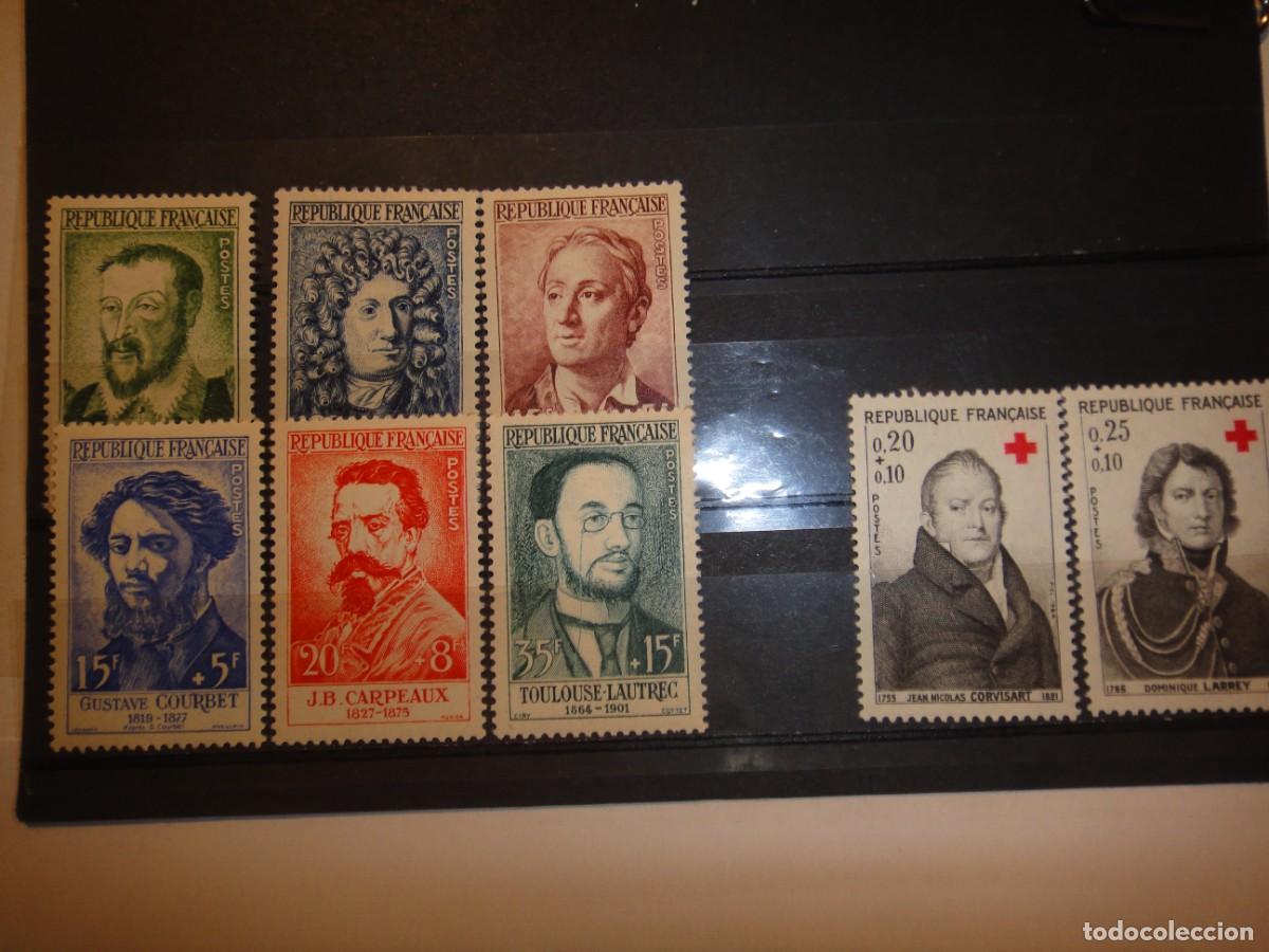 Sellos: Francia, (1) serie personajes, N&ordm; 1166/71 + (1) serie Cruz Roja, n&ordm; 1433/34, nuevas, Rf 7656